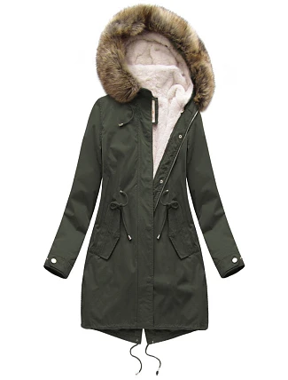 Dámská zimní bunda s fleecovou podšívkou a kapucí army (7626BIG)