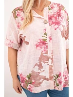 Dámská bavlněná halenka Plus Size s výstřihem do V a květinovým vzorem pudrově růžová Dámská bavlněná halenka Plus Size s výstřihem do V a květinovým vzorem pudrově růžová