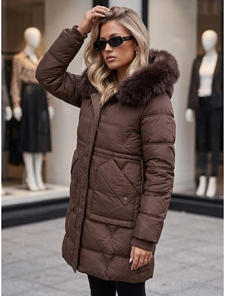 Dámská zimní prošívaná bunda s kapucí, hnědá, FashionStreet TY5825 Dámská zimní prošívaná bunda s kapucí, hnědá, FashionStreet TY5825