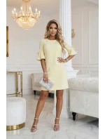 217-12 NEVA Dámské trapézové šaty s vázáním na rukávech - pastelově žluté 217-12 NEVA Dámské trapézové šaty s vázáním na rukávech - pastelově žluté