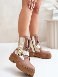 Zazoo 2942 Kožené Boty Worker Se Zlatým Sponou Béžové