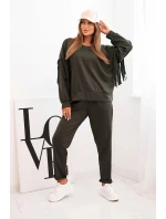 Dámský komplet máslový s třásněmi na rukávech khaki