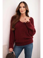 Dámský svetr s podílem vlny a výstřihem do V, bordový