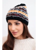 Dámská zimní čepice s barevnou přízí a elastickým stahováním K352 černý+oranžový neon