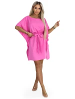 287-42 SOFIA Růžové motýlí šaty se zavazováním v pase - světle fuchsiová barva