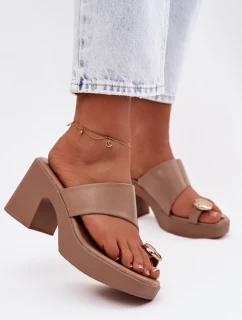 Dámské nazouváky na sloupkovém podpatku se zlatým detailem tmavě béžové Sinora