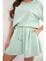 Dámský viskózový máslový komplet s krátkým rukávem a kraťasy s vysokým pasem tmavě mátová