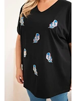 Dámská bavlněná halenka Plus Size s peříčky černá