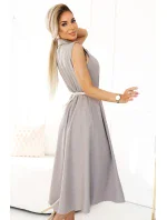 596-2 Elegantní midi košilka se zlatými knoflíky a páskem - GREY BEige 596-2 Elegantní midi košilka se zlatými knoflíky a páskem - GREY BEige