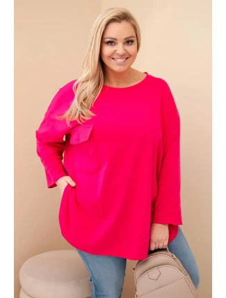 Dámská blůza Plus Size s bavlnou, kapsou a ohrnovaným rukávem fuchsie