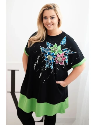 Dámská tunika Plus Size s květinovým vzorem a ozdobnými perličkami zelená