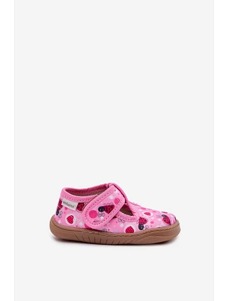 Dětské domácí pantofle Barefoot s červenými srdíčky na suchý zip Milami Růžové Talirae