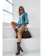 Lakované dámské kotníkové boty na platformě a sloupkovém podpatku čokoládové Calvessa