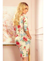 Dámské sportovní šaty s kapsičkami - béžový len a červené květy 13-121 Dámské sportovní šaty s kapsičkami - béžový len a červené květy 13-121