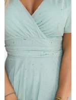 635-8 MELANIA dlouhé třpytivé šaty s výstřihem a krátkými rukávy - pistáciová barva