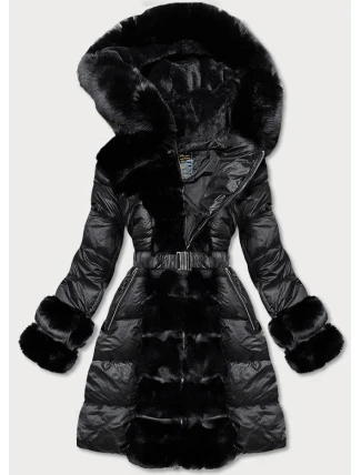 Černá dámská zimní bunda s ozdobnou kožešinou (7729)