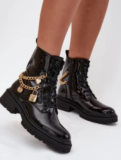 Lakované Botky Worker Damské Se Zlatým Řetízkem Zateplené Černé Sarinae