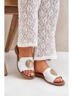 Kožené Pantofle S Dekorací Na Plochém Podpatku Bílé Zazoo 3047/O