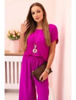 Viskózový komplet plisovaná halenka + kalhoty tmavě fialová