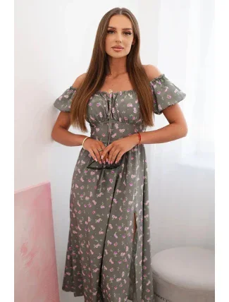 Dámské maxi šaty s květinami a nabíračkami khaki