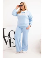 Dámský komplet máslo Plus Size s širokými nohavicemi a límečkem modrý Dámský komplet máslo Plus Size s širokými nohavicemi a límečkem modrý