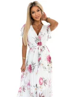 434-6 LISA Plisované midi šaty s výstřihem a volánky - jarní květy na bílém pozadí
