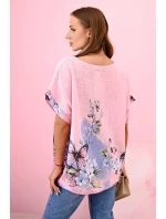 Dámská bavlněná košile s motýly a květinami bonbónově růžová
