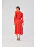 S365 Viskózové šaty áčkového střihu s vázacími rukávy - korálová barva