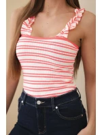 Dámská žebrovaná pruhovaná halenka na ramínkách s volánkem neonově růžová