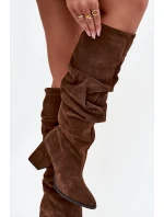 Dámské zateplené kozačky na podpatku s mačkanou holení Zazoo – hnědé, pravý semiš