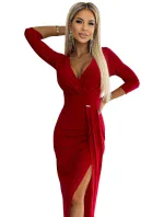 404-7 Třpytivé dlouhé šaty s výstřihem a rozparkem na nohou - ČERVENÉ s třpytkami
