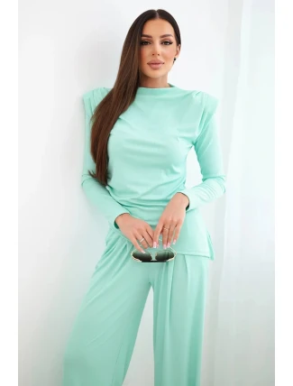Dámská bavlněná souprava s halenkou a kalhotami s širokými nohavicemi mátová