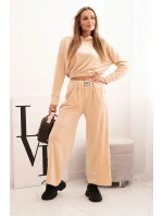 Dámská souprava z veluru se širokými nohavicemi a mikinou s kapucí béžová