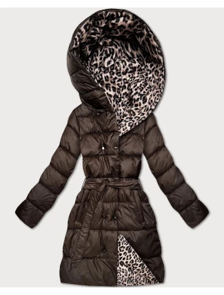 Oboustranná zimní plus size bunda v čokoládové/s panteřím vzorem barvě (M6-6008-103)