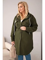 Dámský kabát Plus Size s kapucí zapínaný na knoflíky khaki