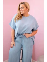 Dámská souprava Plus Size z tencelu halenka a kalhoty s vázáním světle džínový