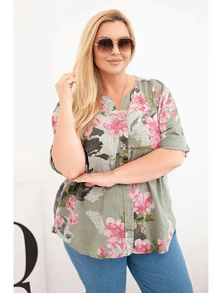 Dámská bavlněná halenka Plus Size s výstřihem do V v květinovém vzoru khaki