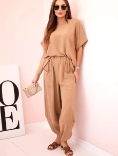 Komplet z viskózy halenka + kalhoty velbloud