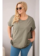 Dámská halenka Plus Size bavlněná s krátkým rukávem khaki