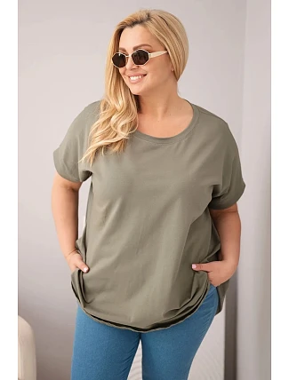 Dámská halenka Plus Size bavlněná s krátkým rukávem khaki