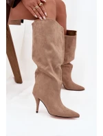 Nafukovací dámské kozačky na podpatku z eko semiše béžové Noretta