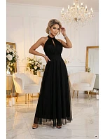 662-2 Elegantní maxi večerní šaty na ramínka s tylem a zavazováním v pase - černé