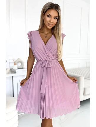 374-3 POLINA Plisované šaty s výstřihem a volánky - DARK RED