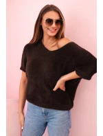 Svetr dámský z měkkého chlupu s výstřihem do V krátký rukáv hnědý