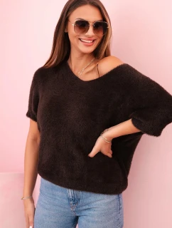 Svetr dámský z měkkého chlupu s výstřihem do V krátký rukáv hnědý