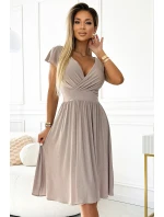 425-10 MATILDE Šaty s výstřihem a krátkými rukávy - béžové se třpytkami