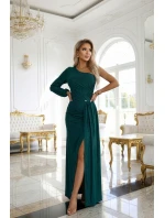 658-2 Třpytivé maxi šaty na jedno rameno s asymetrickými rukávy a rozparkem - lahvově zelené