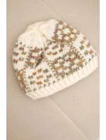 Zimní čepice dámská s barevným vláknem a silným nápletem K355 ecru+khaki+tmavě růžový