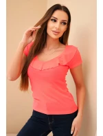 Dámská pruhovaná blůza s volánkem u výstřihu neonově růžová