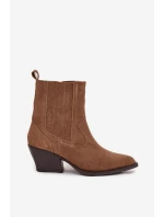 Dámské zateplené kotníkové boty kovbojky na podpatku Dylira – camel, zamsz
